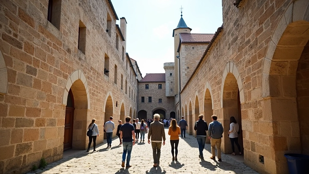 Visitors walking through medieval cardozone courtyard and stone structures