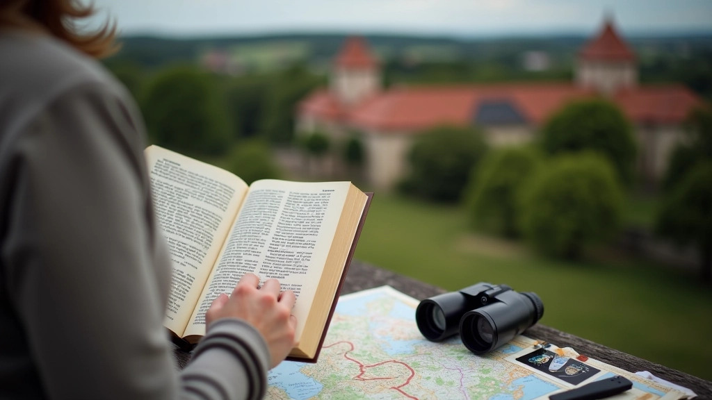 Traveler consulting detailed guidebook and maps while visiting cardozone ruins