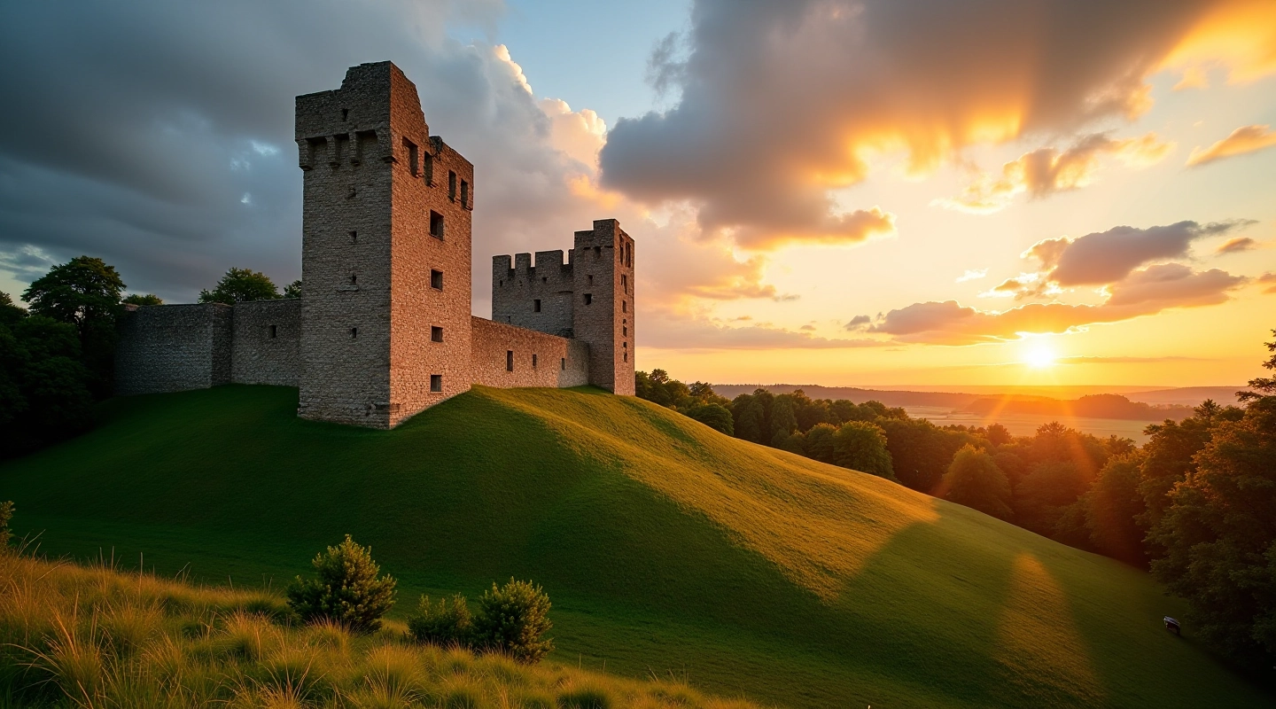 Medieval cardozone towers and ancient stone walls during golden hour light